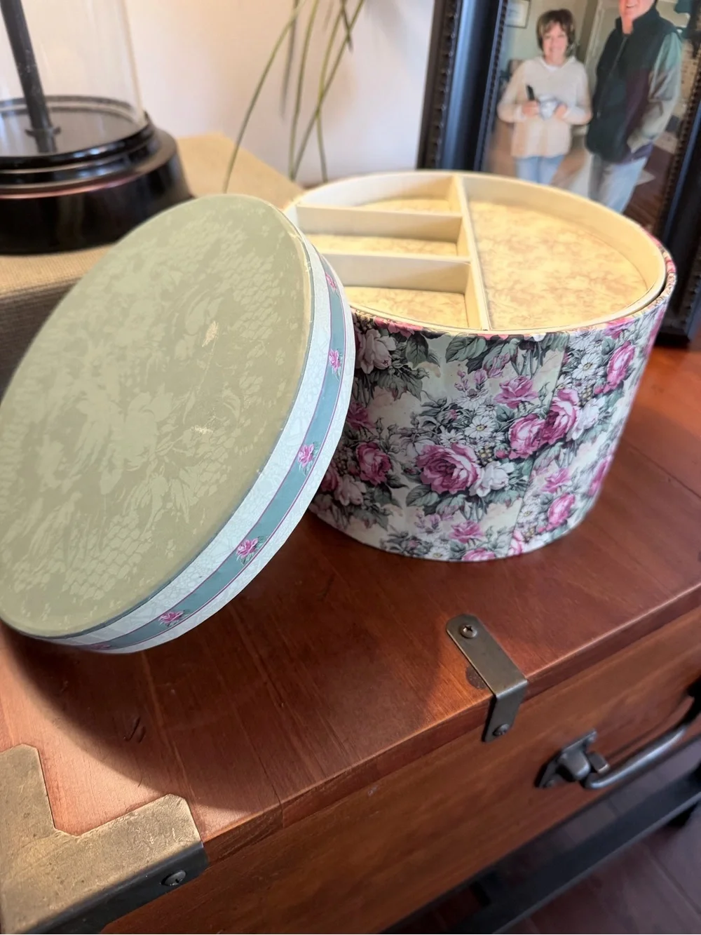 Floral Round Jewelry Organizer Box with Removable Tray - Pink